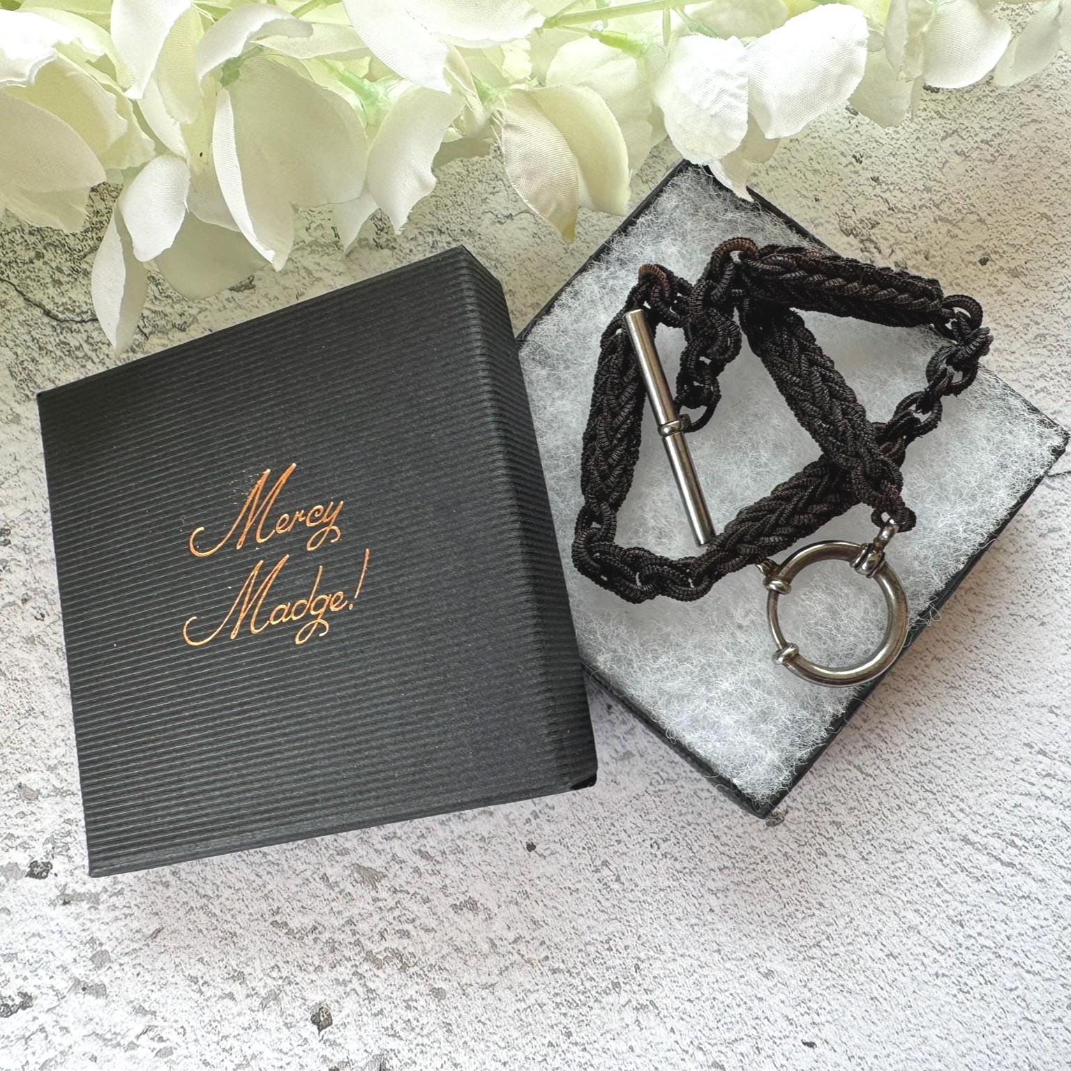 Victorian Horse Hair Watch Chain: Antique Hair Work Albertina with T-Bar & Large Spring Ring