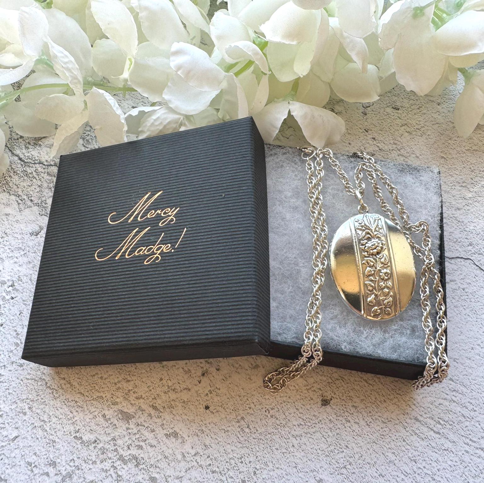 Vintage Edwardian Style Large Oval Locket & Rope Chain: Art Nouveau Sterling Silver Keepsake-Photo Pendant Necklace