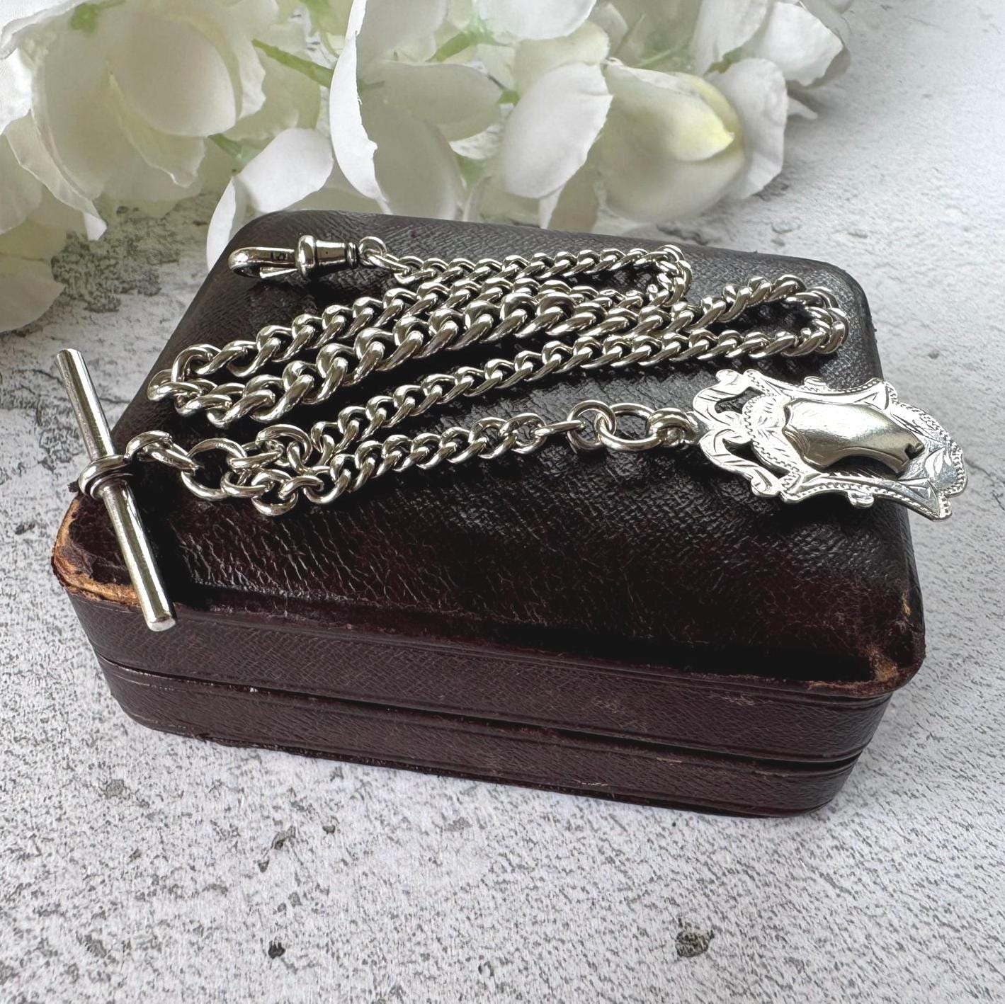 Edwardian Sterling Silver Albert Watch Chain With Fob, T-Bar Dog