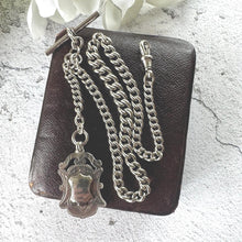Cargar imagen en el visor de la galería, Edwardian Sterling Silver Watch Chain With Fob, T-Bar &amp; Dog Clip. Antique 1914 Silver Albert Chain. Silver Curb Link Watch Chain Bracelet
