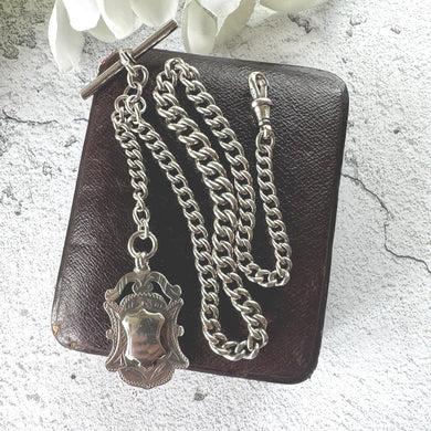 Edwardian Sterling Silver Watch Chain With Fob, T-Bar & Dog Clip. Antique 1914 Silver Albert Chain. Silver Curb Link Watch Chain Bracelet