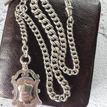 Cargar imagen en el visor de la galería, Edwardian Sterling Silver Watch Chain With Fob, T-Bar &amp; Dog Clip. Antique 1914 Silver Albert Chain. Silver Curb Link Watch Chain Bracelet
