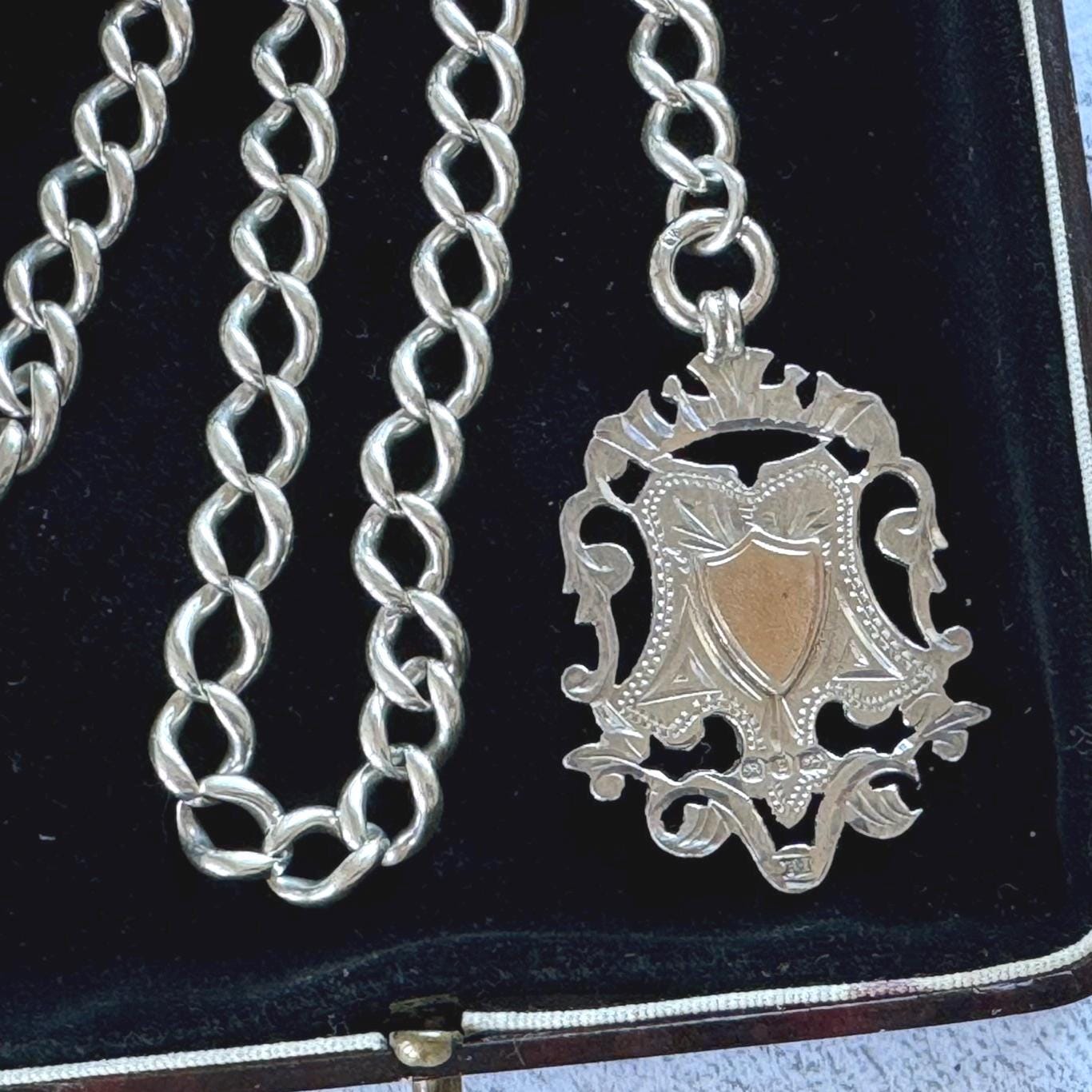 Antique Victorian Sterling Silver Albert Watch Chain/Necklace with Gold Shield Fob