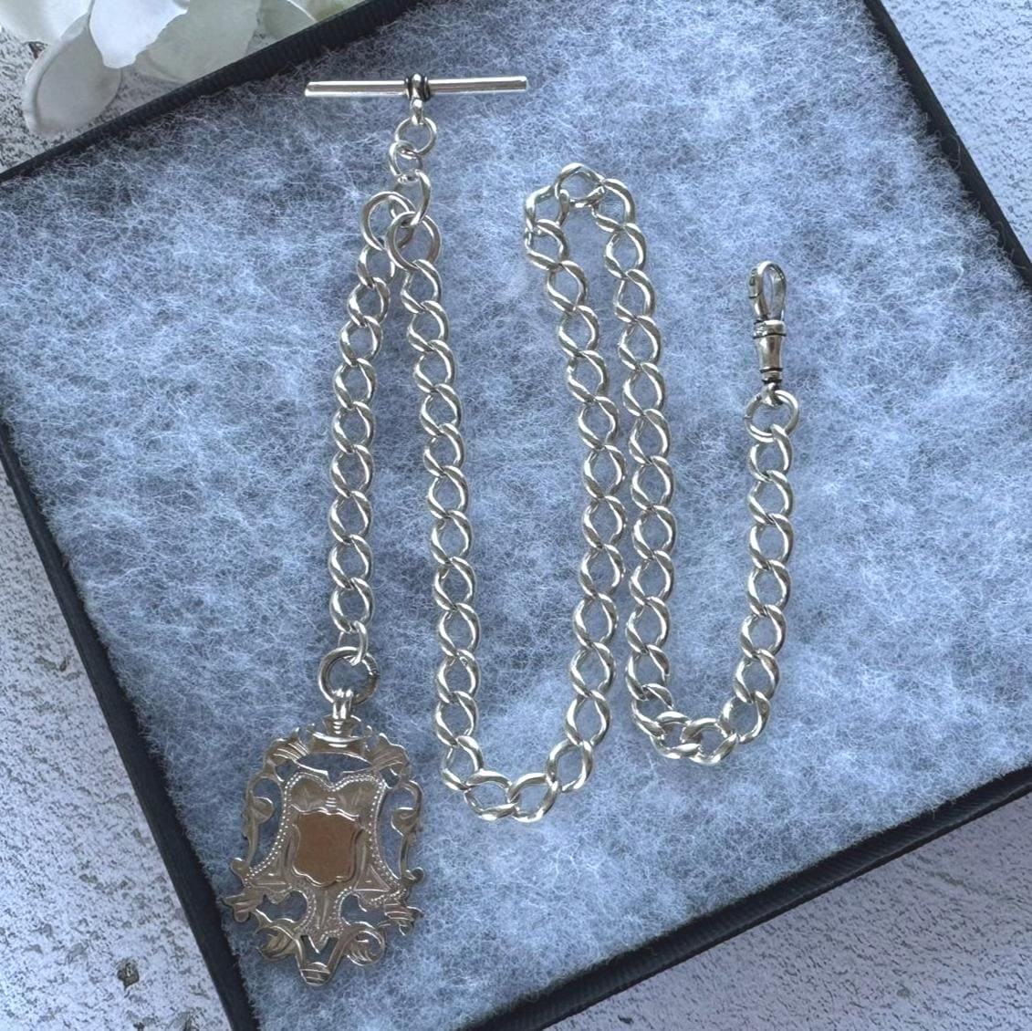 Antique Victorian Sterling Silver Albert Watch Chain/Necklace with Gold Shield Fob