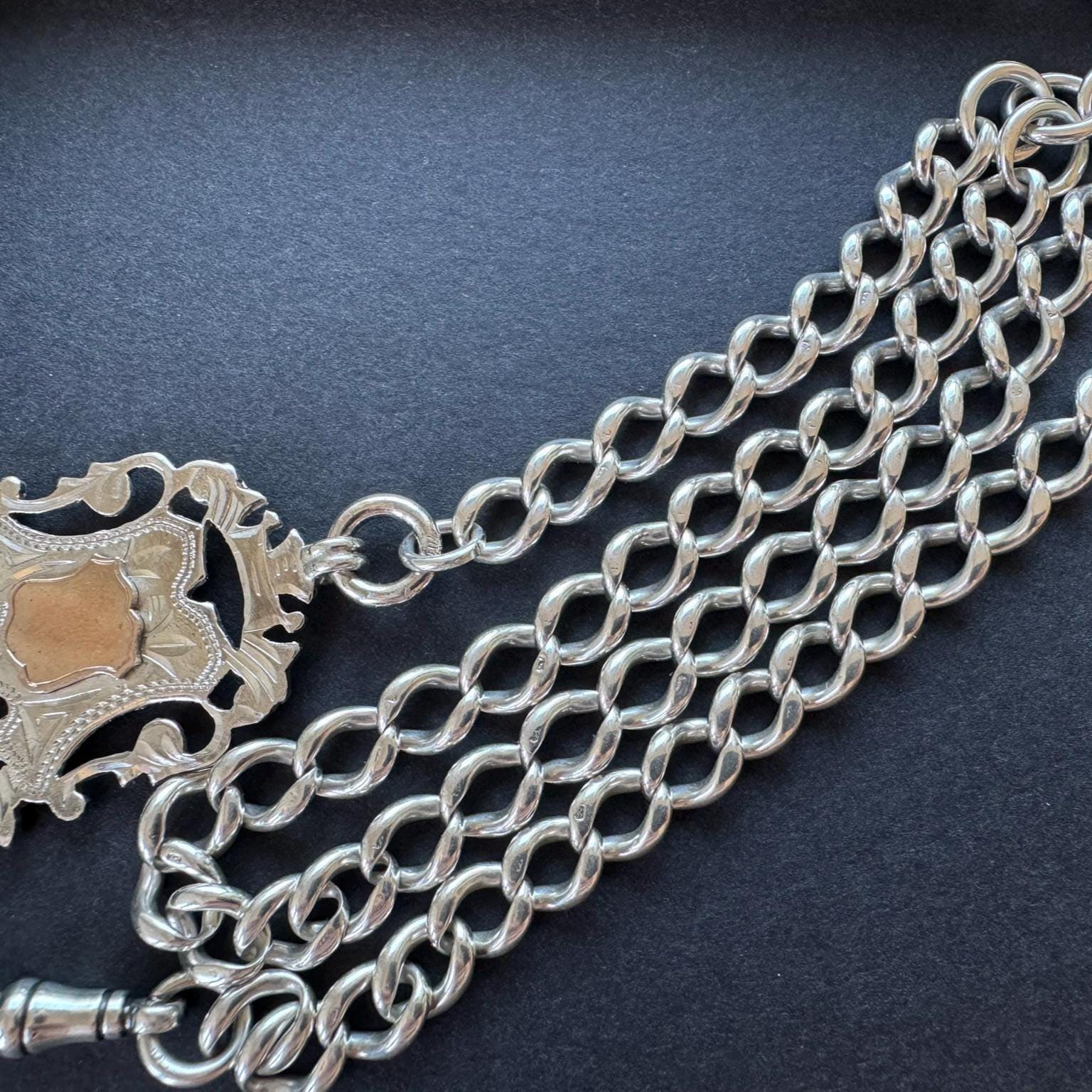 Antique Victorian Sterling Silver Albert Watch Chain/Necklace with Gold Shield Fob