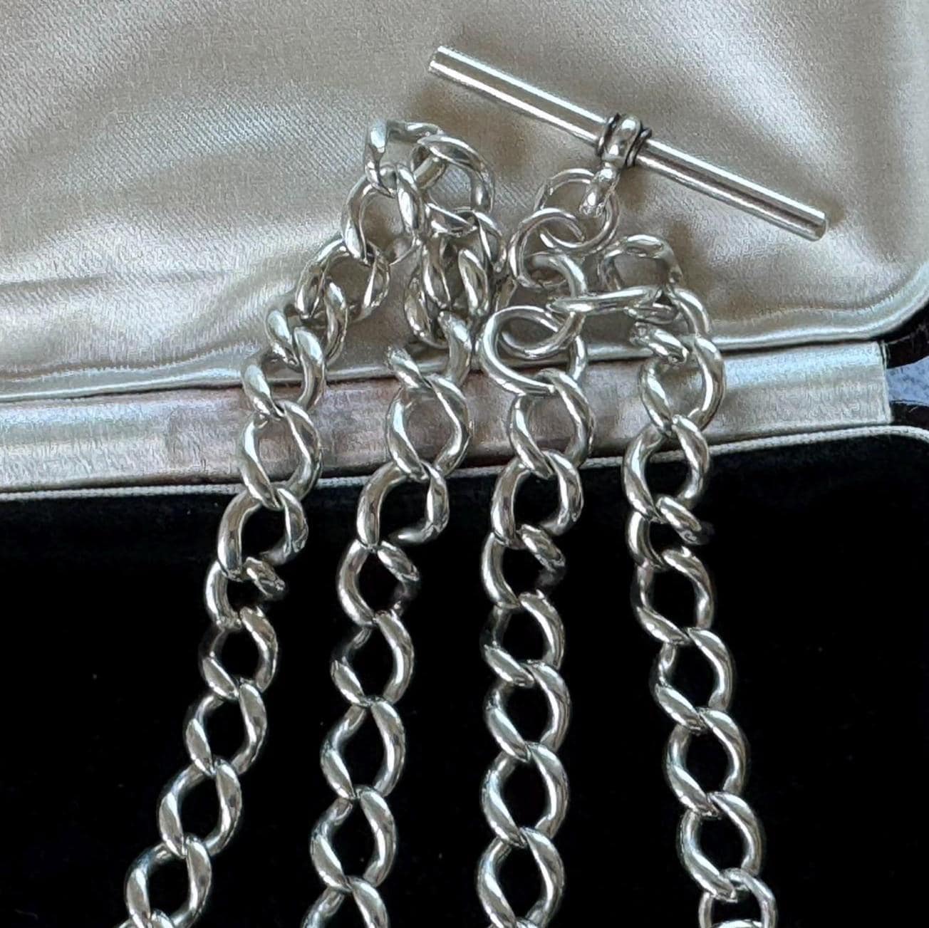 Antique Victorian Sterling Silver Albert Watch Chain/Necklace with Gold Shield Fob