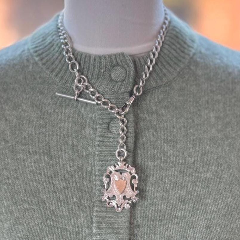 Antique Victorian Sterling Silver Albert Watch Chain/Necklace with Gold Shield Fob