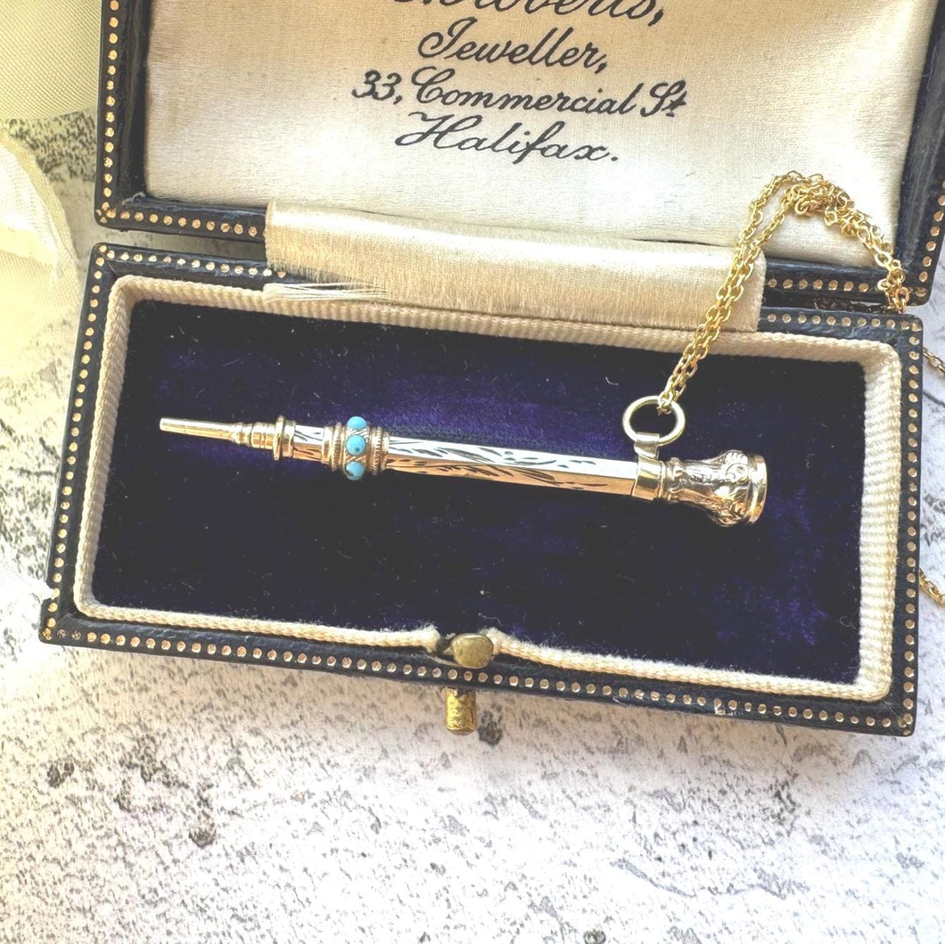 Victorian 9ct Gold & Turquoise Pencil Pendant: Engraved Antique Miniature Propelling Pencil, Optional Chain