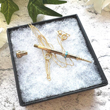 Load image into Gallery viewer, Victorian 9ct Gold &amp; Turquoise Pencil Pendant: Engraved Antique Miniature Propelling Pencil, Optional Chain
