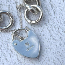 Load image into Gallery viewer, Vintage Chunky Sterling Silver Chain Bracelet &amp; Love Heart Padlock Clasp. Heavy Classic Curb Chain Bracelet: Manshaw London 1977, 52 Grams
