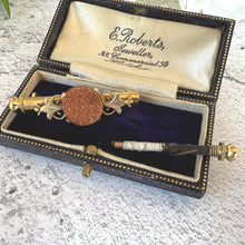 Load image into Gallery viewer, Victorian Goldstone German Nanny Brooch - Novelty Sewing Etui - Seamstress Jewellery - Antique Needle Case
