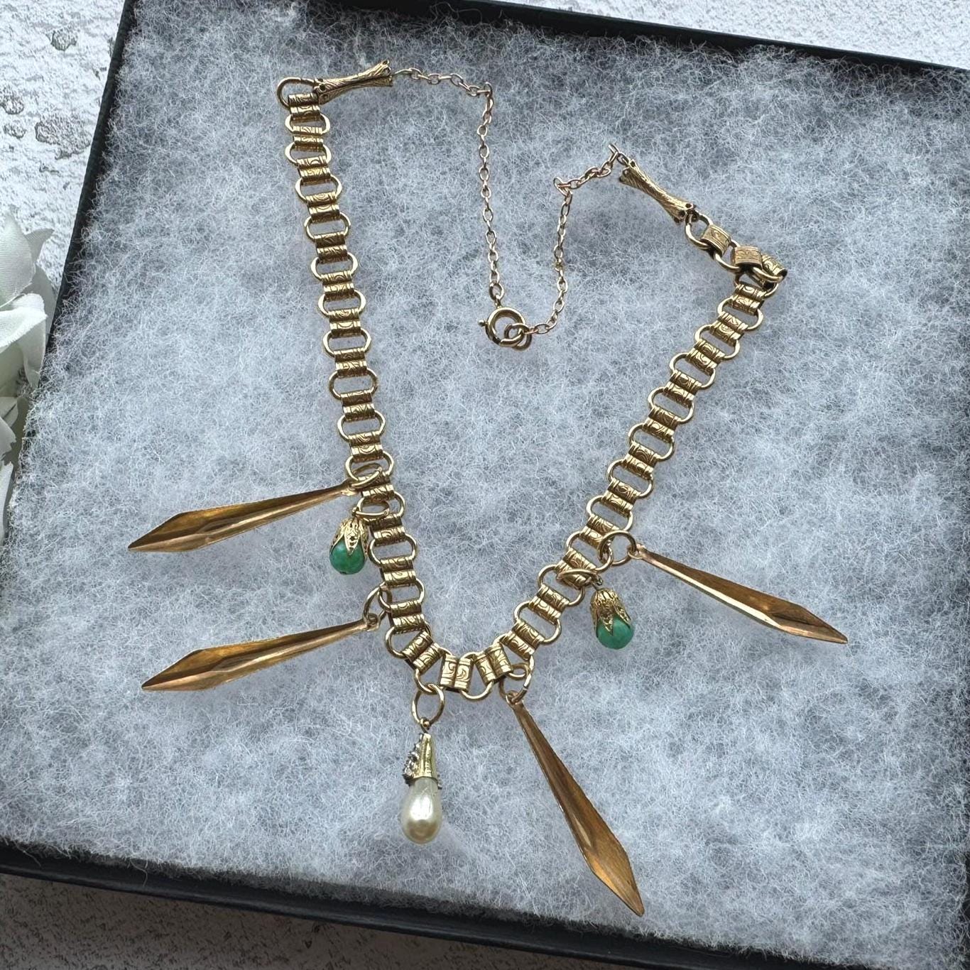 Art Deco 18ct Rolled Gold Egyptian Revival Necklace: Antique Book Chain Bib Collar Necklace, Czech Peking Glass & Pearl Drops