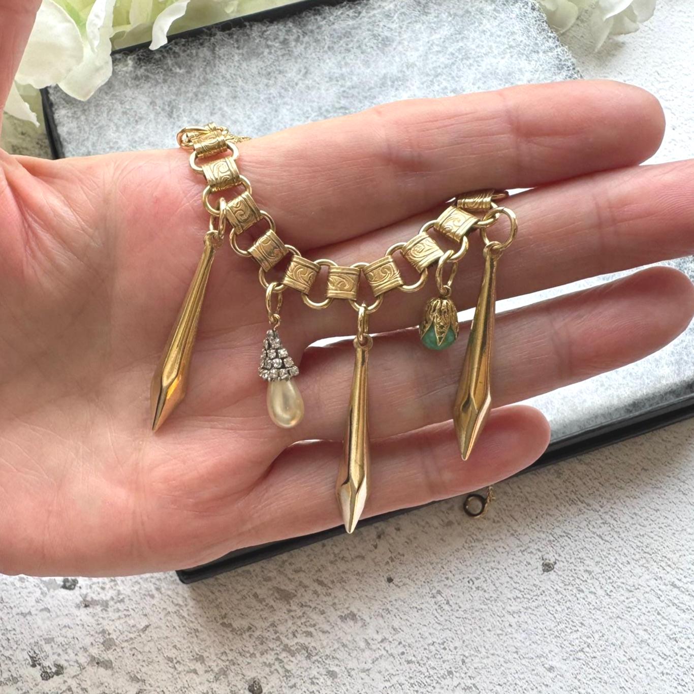 Art Deco 18ct Rolled Gold Egyptian Revival Necklace: Antique Book Chain Bib Collar Necklace, Czech Peking Glass & Pearl Drops