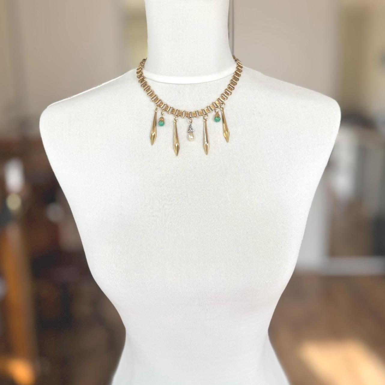 Art Deco 18ct Rolled Gold Egyptian Revival Necklace: Antique Book Chain Bib Collar Necklace, Czech Peking Glass & Pearl Drops