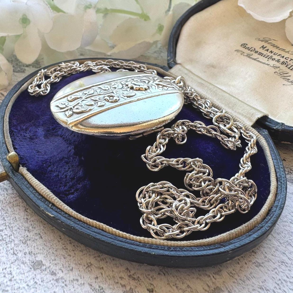 Vintage Edwardian Style Large Oval Locket & Rope Chain: Art Nouveau Sterling Silver Keepsake-Photo Pendant Necklace