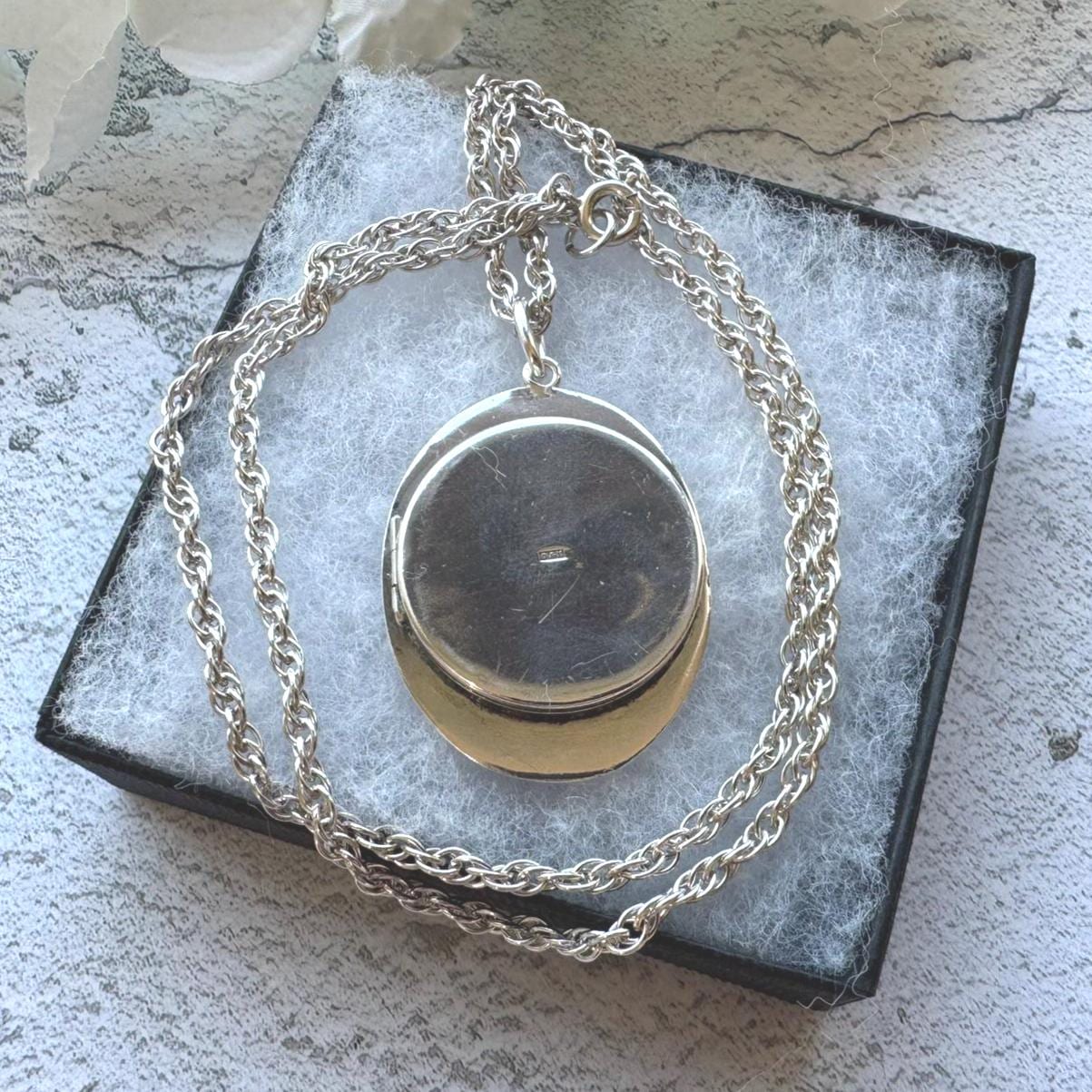 Vintage Edwardian Style Large Oval Locket & Rope Chain: Art Nouveau Sterling Silver Keepsake-Photo Pendant Necklace
