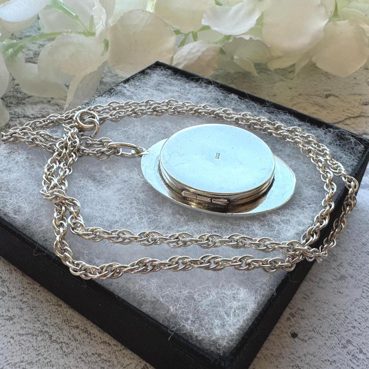 Vintage Edwardian Style Large Oval Locket & Rope Chain: Art Nouveau Sterling Silver Keepsake-Photo Pendant Necklace