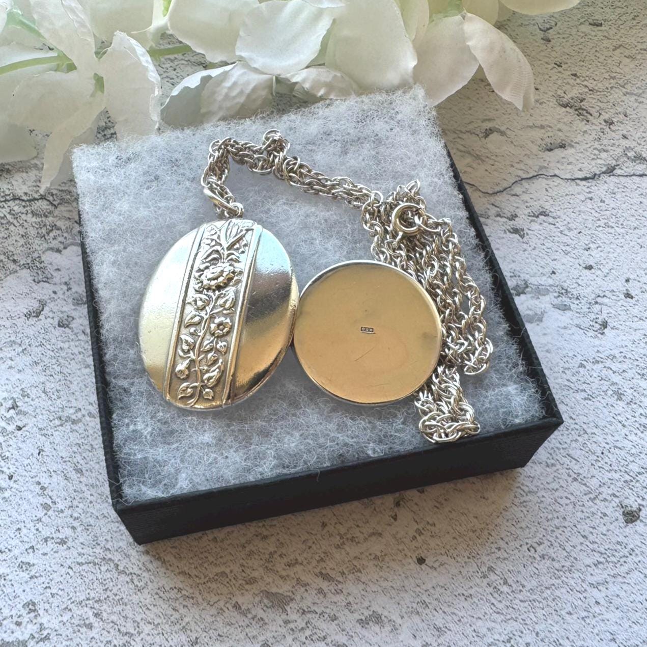 Vintage Edwardian Style Large Oval Locket & Rope Chain: Art Nouveau Sterling Silver Keepsake-Photo Pendant Necklace