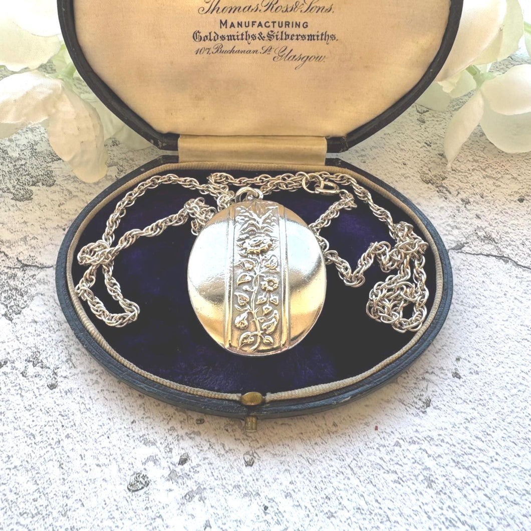 Vintage Edwardian Style Large Oval Locket & Rope Chain: Art Nouveau Sterling Silver Keepsake-Photo Pendant Necklace