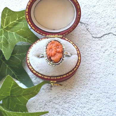 Art Deco Coral Daisy Ring: Sterling Silver Thomas Mott England, Size O-1/2 / 7.5