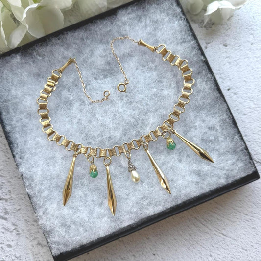 Art Deco 18ct Rolled Gold Egyptian Revival Necklace: Antique Book Chain Bib Collar Necklace, Czech Peking Glass & Pearl Drops