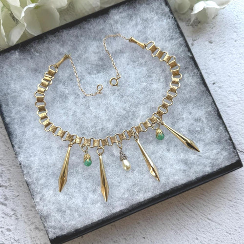 Art Deco 18ct Rolled Gold Egyptian Revival Necklace: Antique Book Chain Bib Collar Necklace, Czech Peking Glass & Pearl Drops