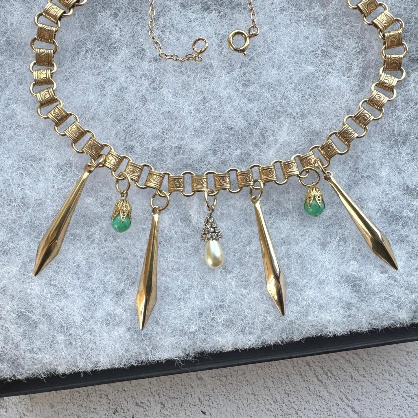 Art Deco 18ct Rolled Gold Egyptian Revival Necklace: Antique Book Chain Bib Collar Necklace, Czech Peking Glass & Pearl Drops