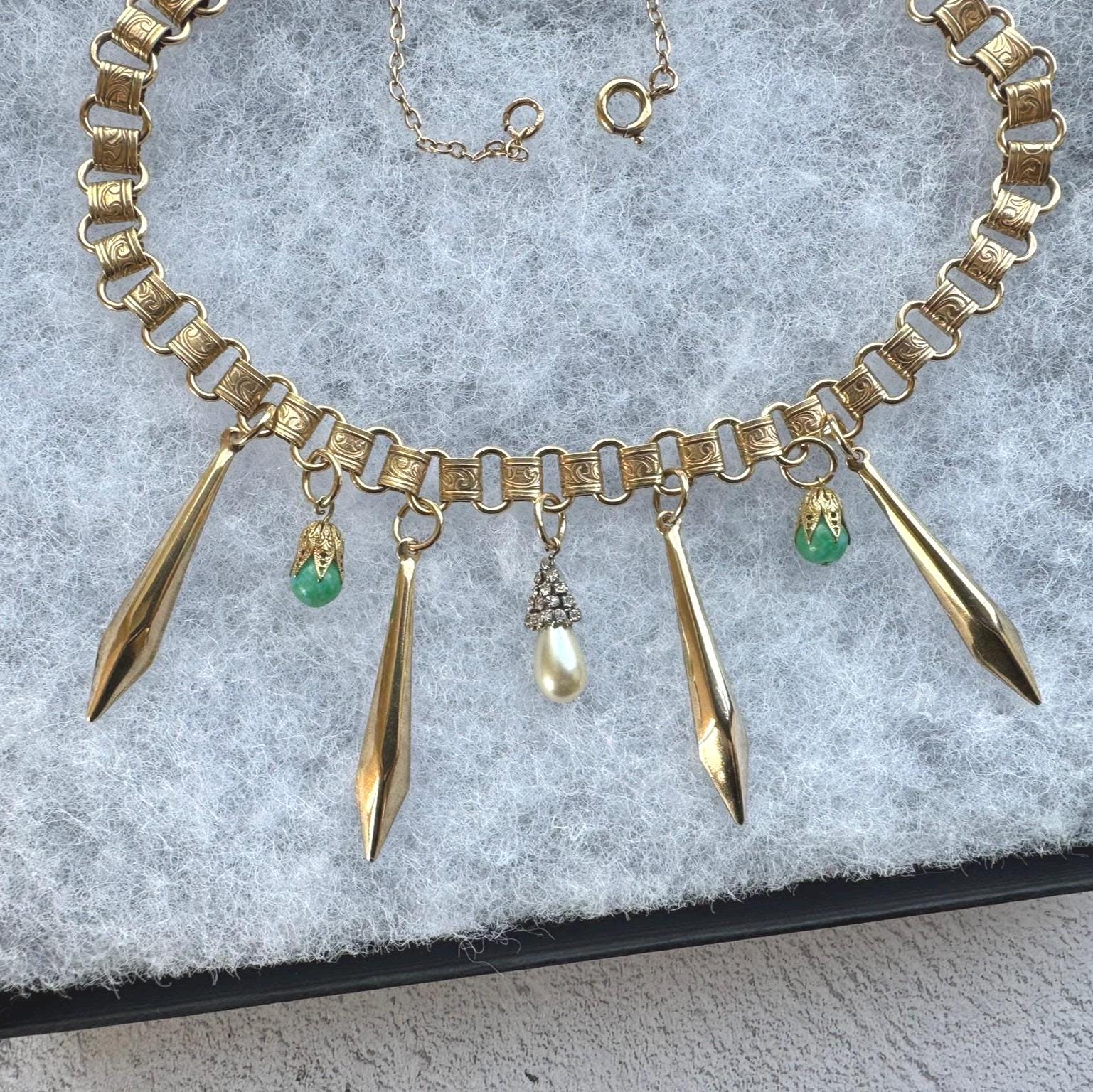 Art Deco 18ct Rolled Gold Egyptian Revival Necklace: Antique Book Chain Bib Collar Necklace, Czech Peking Glass & Pearl Drops