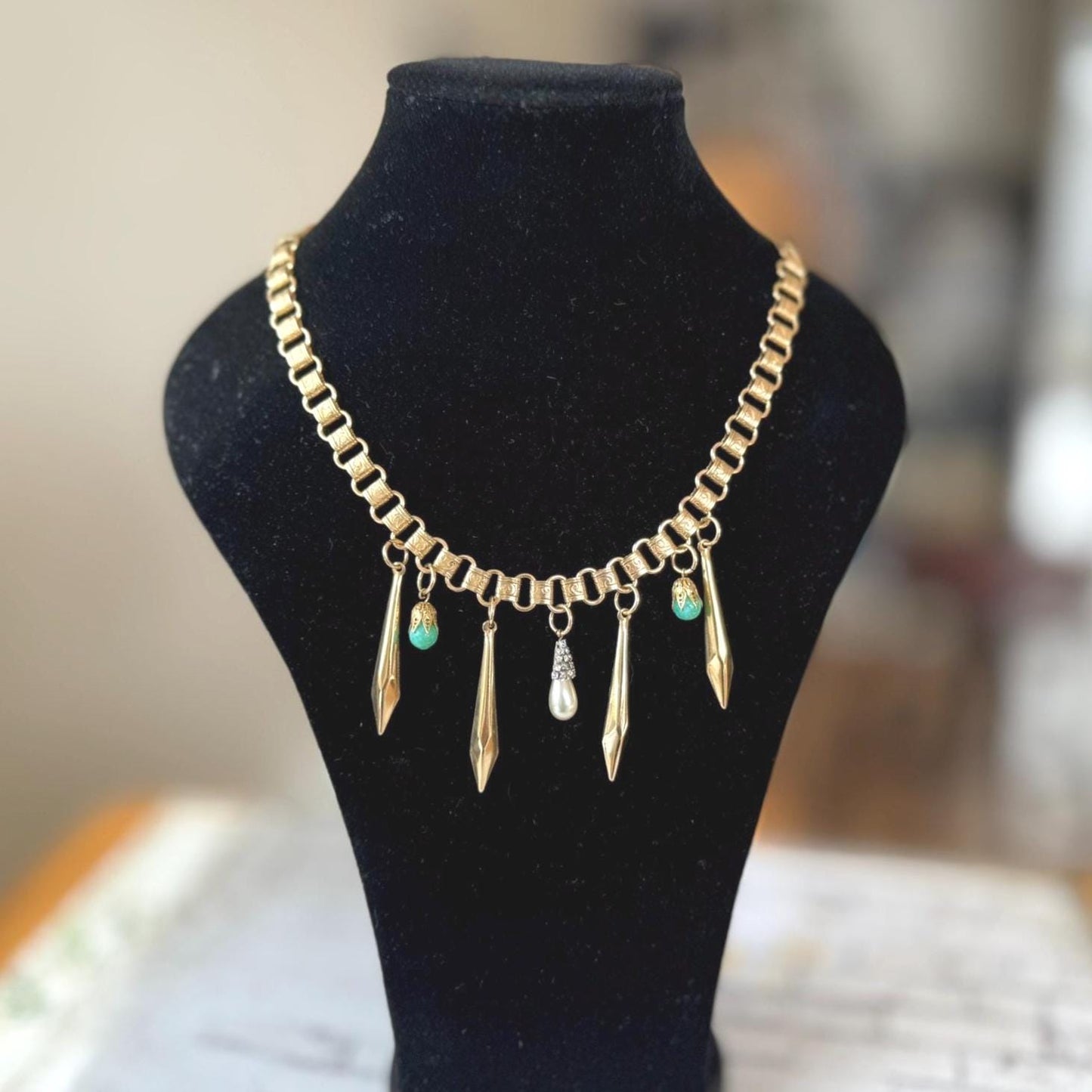Art Deco 18ct Rolled Gold Egyptian Revival Necklace: Antique Book Chain Bib Collar Necklace, Czech Peking Glass & Pearl Drops