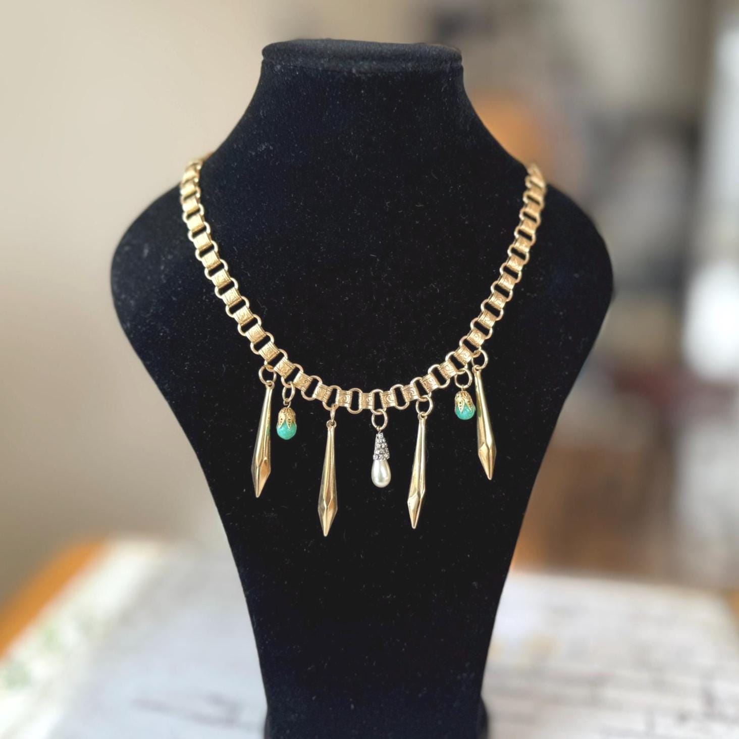 Art Deco 18ct Rolled Gold Egyptian Revival Necklace: Antique Book Chain Bib Collar Necklace, Czech Peking Glass & Pearl Drops