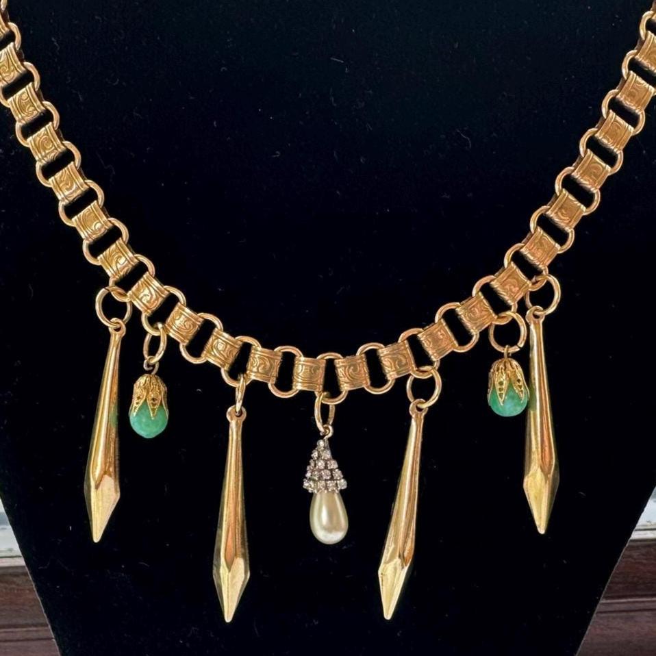 Art Deco 18ct Rolled Gold Egyptian Revival Necklace: Antique Book Chain Bib Collar Necklace, Czech Peking Glass & Pearl Drops