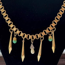 Carica l&#39;immagine nel visualizzatore di Gallery, Art Deco 18ct Rolled Gold Egyptian Revival Necklace: Antique Book Chain Bib Collar Necklace, Czech Peking Glass &amp; Pearl Drops
