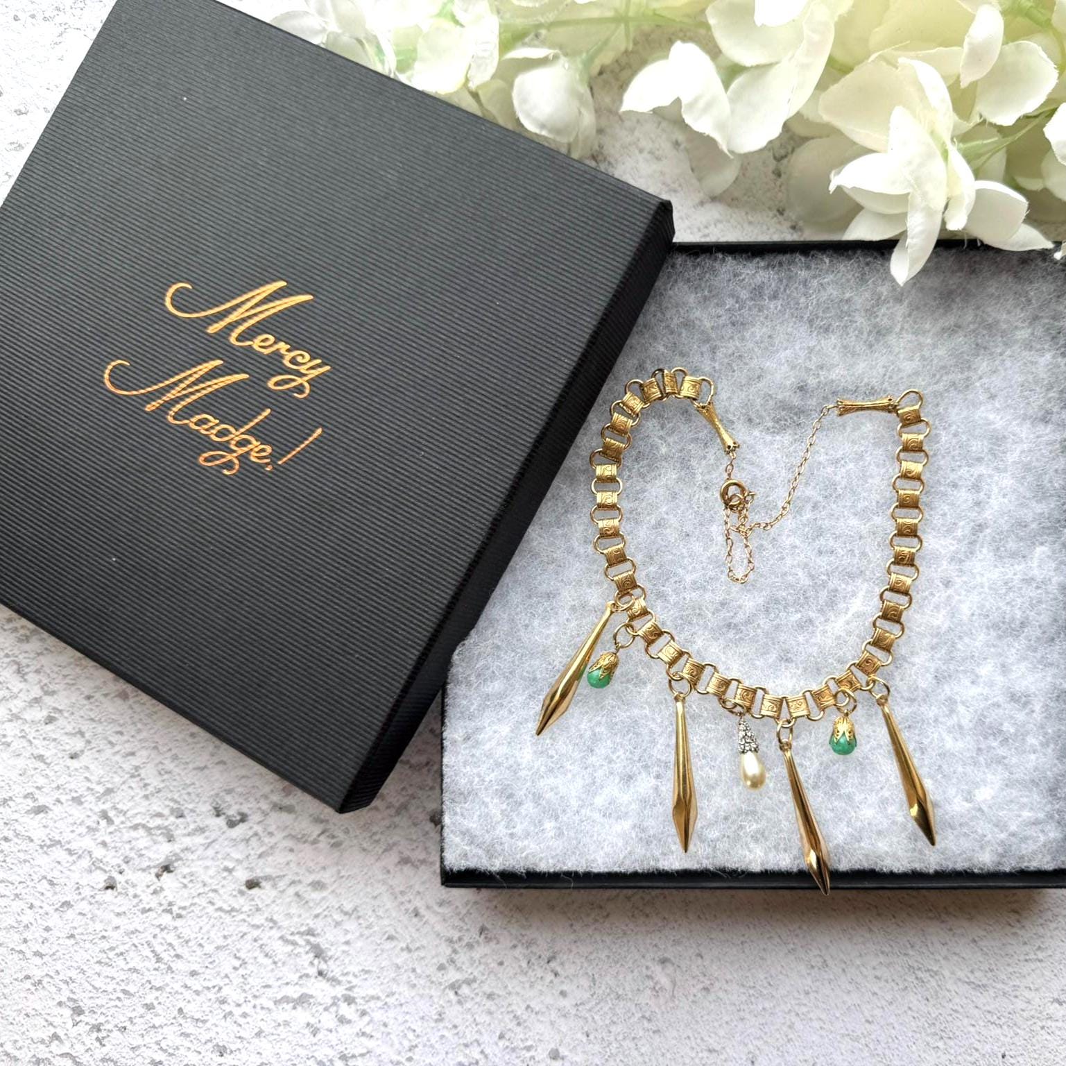 Art Deco 18ct Rolled Gold Egyptian Revival Necklace: Antique Book Chain Bib Collar Necklace, Czech Peking Glass & Pearl Drops