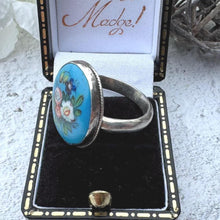 Load image into Gallery viewer, Antique Victorian Silver, Blue Enamel Flower Ring: Hand-Painted Porcelain Roses &amp; Violet
