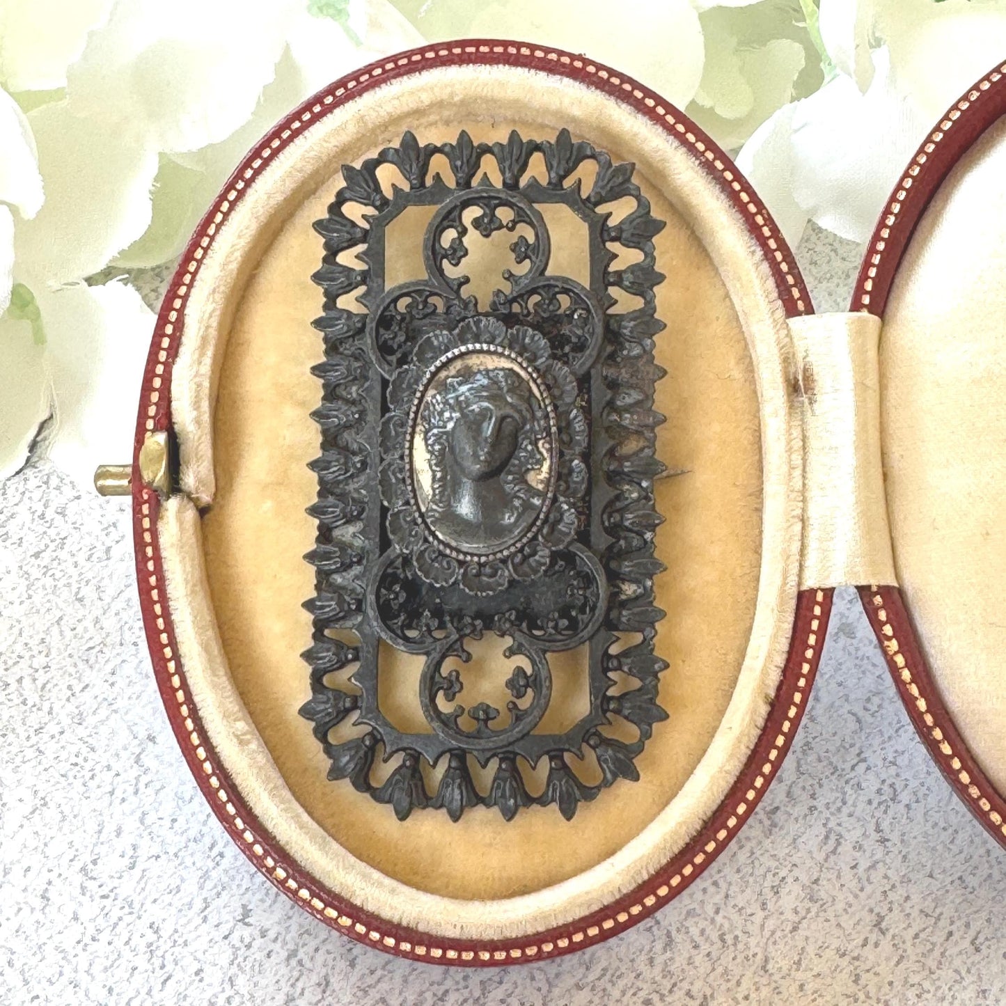 Antique Georgian Large Berlin Ironwork Neoclassical Brooch, Circa 1790