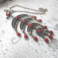 Load image into Gallery viewer, Vintage Egyptian Silver Coral Crescent Moon Chandelier Pendant Necklace
