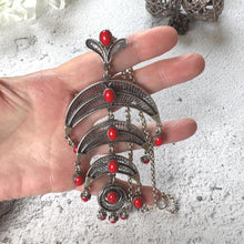 Load image into Gallery viewer, Vintage Egyptian Silver Coral Crescent Moon Chandelier Pendant Necklace
