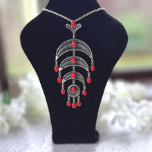 Load image into Gallery viewer, Vintage Egyptian Silver Coral Crescent Moon Chandelier Pendant Necklace
