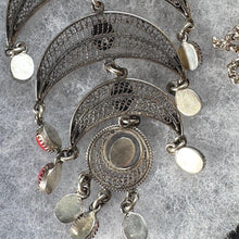 Load image into Gallery viewer, Vintage Egyptian Silver Coral Crescent Moon Chandelier Pendant Necklace
