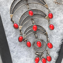 Load image into Gallery viewer, Vintage Egyptian Silver Coral Crescent Moon Chandelier Pendant Necklace
