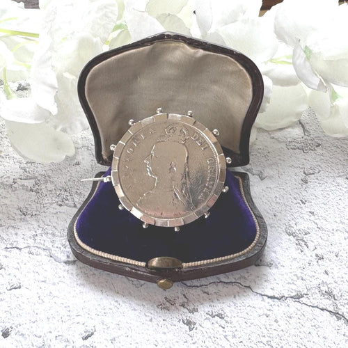 Antique Sterling Silver Queen Victoria Large Coin Brooch: 1887 Jubilee Full Crown Lapel Pin