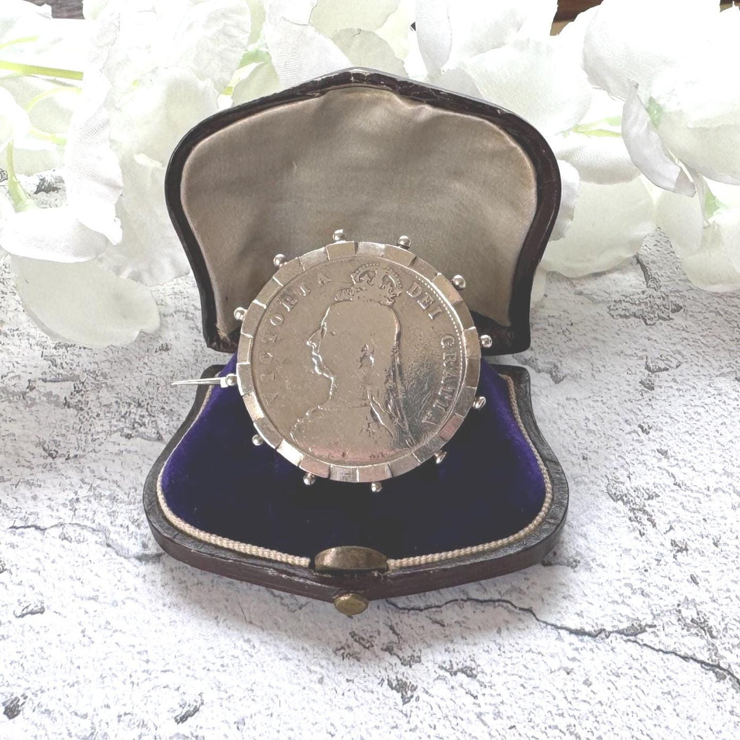 Antique Sterling Silver Queen Victoria Large Coin Brooch: 1887 Jubilee Full Crown Lapel Pin