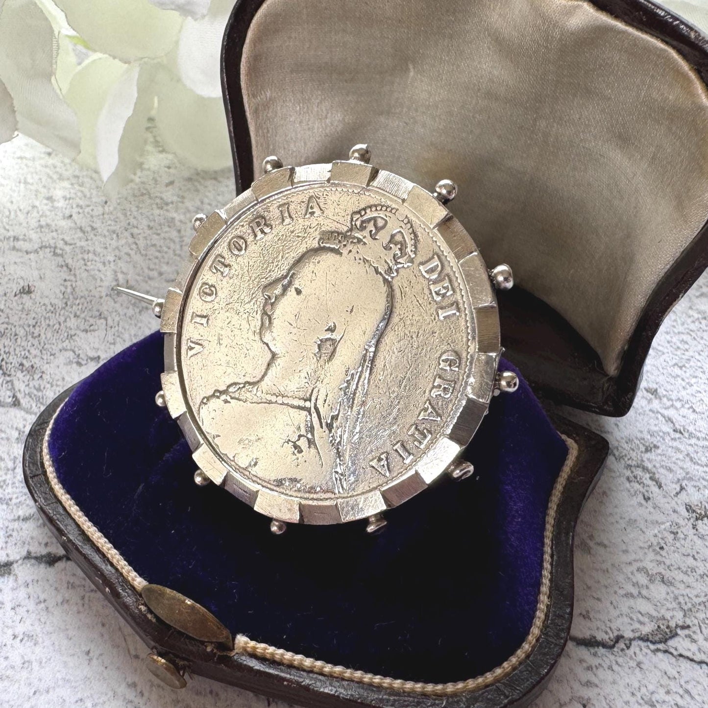 Antique Sterling Silver Queen Victoria Large Coin Brooch: 1887 Jubilee Full Crown Lapel Pin