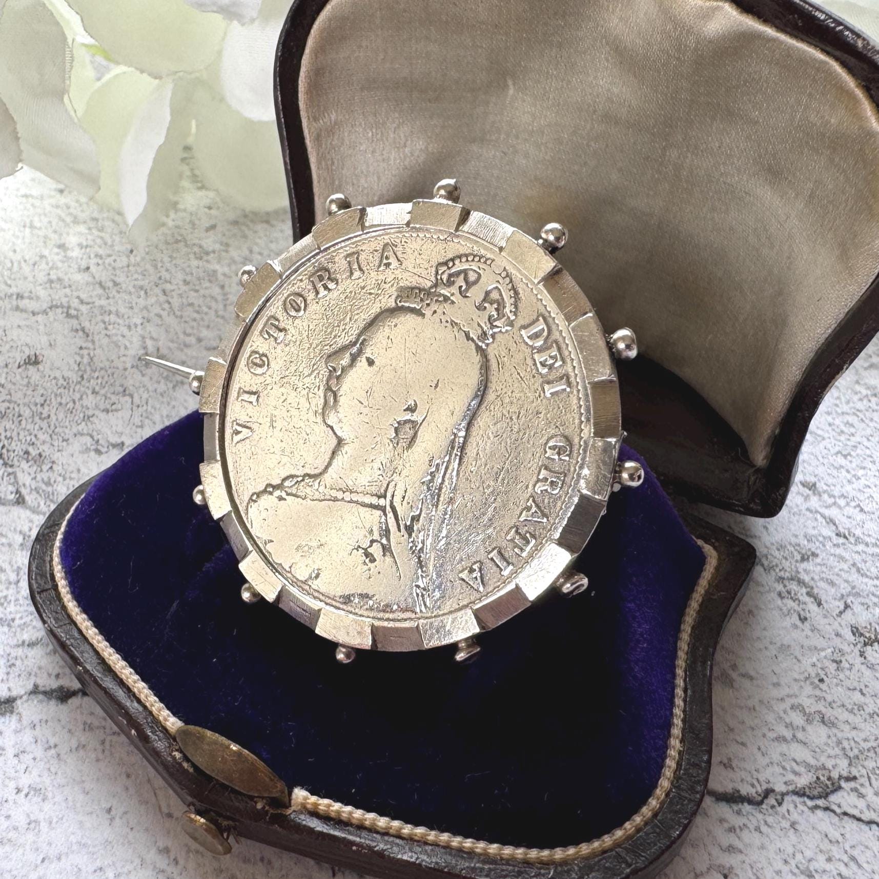 Antique Sterling Silver Queen Victoria Large Coin Brooch: 1887 Jubilee Full Crown Lapel Pin