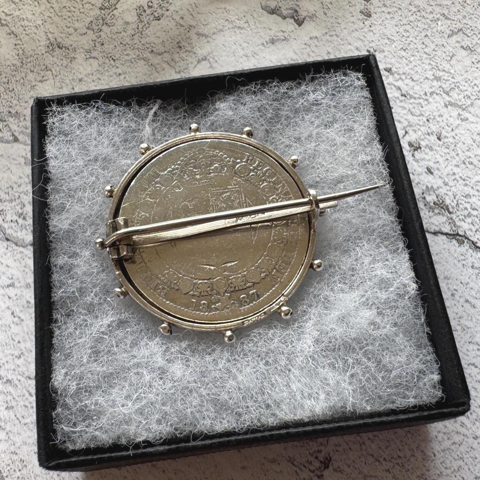 Antique Sterling Silver Queen Victoria Large Coin Brooch: 1887 Jubilee Full Crown Lapel Pin