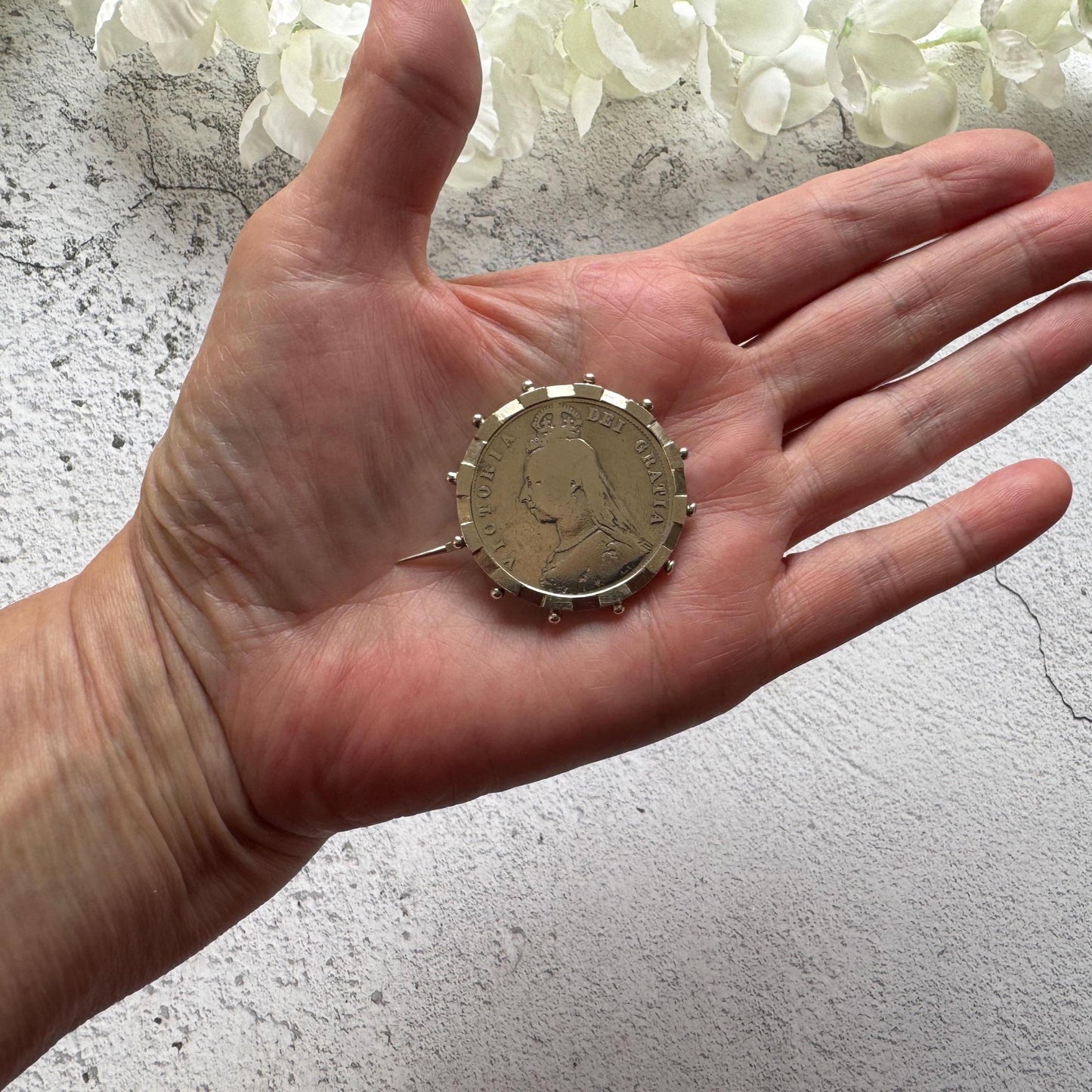 Antique Sterling Silver Queen Victoria Large Coin Brooch: 1887 Jubilee Full Crown Lapel Pin