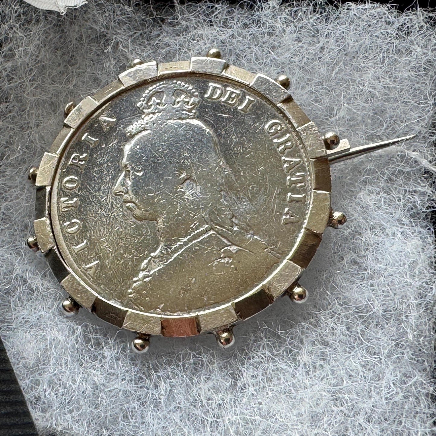 Antique Sterling Silver Queen Victoria Large Coin Brooch: 1887 Jubilee Full Crown Lapel Pin
