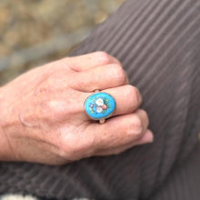 Load image into Gallery viewer, Antique Victorian Silver, Blue Enamel Flower Ring: Hand-Painted Porcelain Roses &amp; Violet
