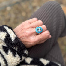 Load image into Gallery viewer, Antique Victorian Silver, Blue Enamel Flower Ring: Hand-Painted Porcelain Roses &amp; Violet
