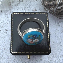Load image into Gallery viewer, Antique Victorian Silver, Blue Enamel Flower Ring: Hand-Painted Porcelain Roses &amp; Violet
